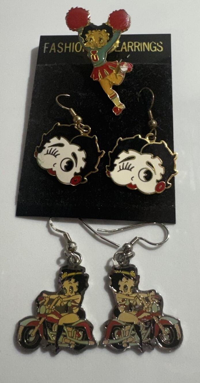 Vintage Betty Boop Jewelry (Lot of 3) Enameled Brooch And 2 Pair Earrings